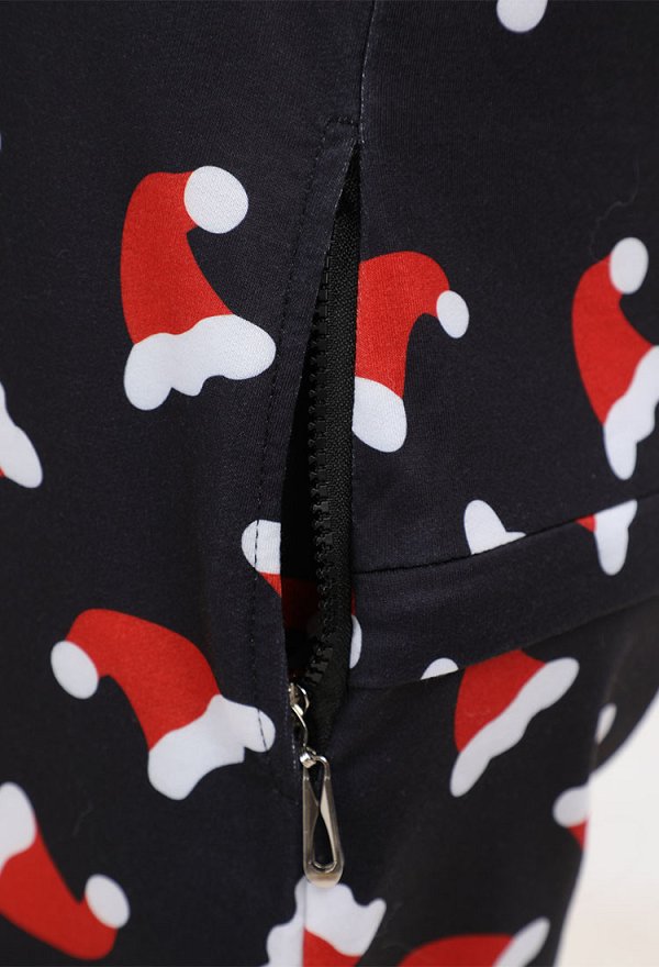 Women Adult Christmas Hat Pattern Onesie Pajama Long Sleeve Hooded Loungewear Costume