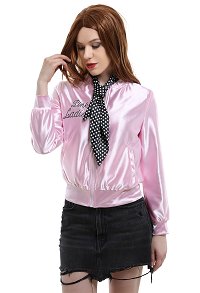 1950s Pink Lady Daily Wear Character-Emroidered Zipper-Worn Shiny Coat Cosplay Costume Outfits with Wave Point Pattern Scarf for Autumn Winter