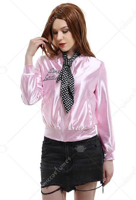 1950s Pink Lady Daily Wear Character-Emroidered Zipper-Worn Shiny Coat Cosplay Costume Outfits with Wave Point Pattern Scarf for Autumn Winter