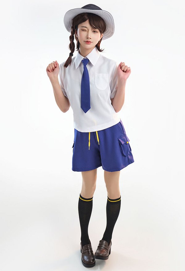 PM School Uniform Cosplay Costume Shirt and Blue Shorts with Tie and Socks
