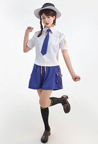 PM School Uniform Cosplay Costume Shirt and Blue Shorts with Tie and Socks