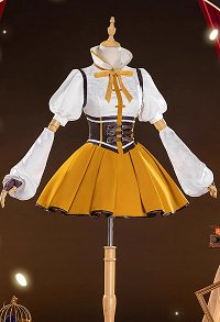 PMMM Magi Magica Tomoe Mami Cosplay Kostüm gelb weißes Kleid und Handschuhe mit Hut und oberschenkelhohen Socken