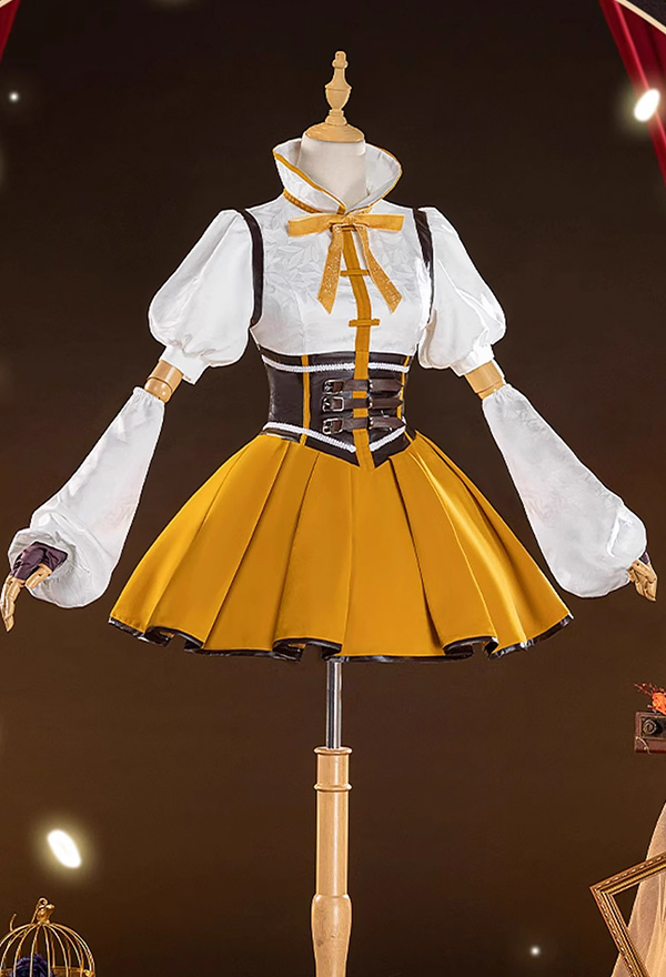 PMMM Magi Magica Tomoe Mami Cosplay Kostüm gelb weißes Kleid und Handschuhe mit Hut und oberschenkelhohen Socken