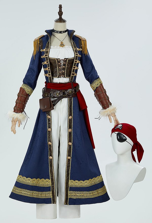 Halloween Cosplay Costume Medieval Women Pirate Suit Innershirt and Jacket with Eye Mask Waistband