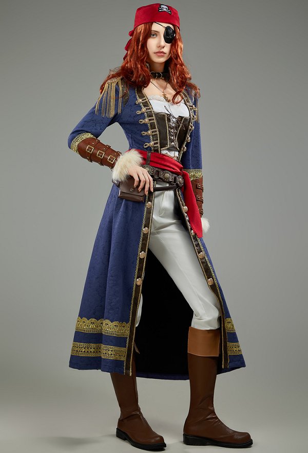 Halloween Cosplay Costume Medieval Women Pirate Suit Innershirt and Jacket with Eye Mask Waistband