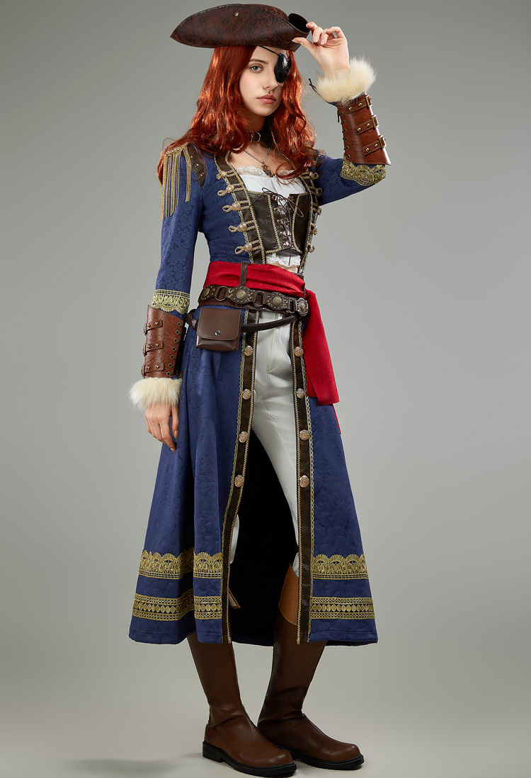 Costume de pirate pour femme cosplay Style océanique vintage Chemise et manteau avec cache-œil et ceinture