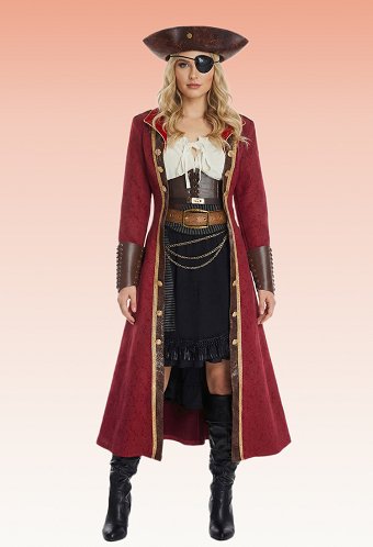 Edición Premium Vestido de pirata femenino de Halloween Steampunk Estilo Renacimiento Forro y falda con abrigo y cinturón