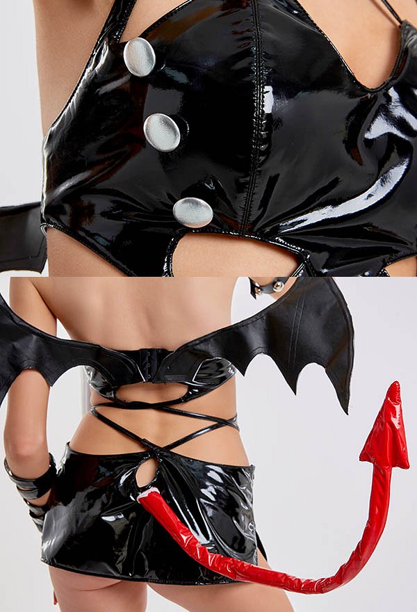 Sexy Dessous Set Dämon Gürtel Bodysuit mit Schwanz Armschutz Choker