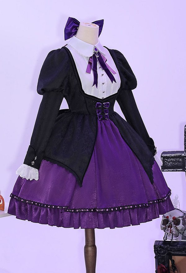 Panty Stocking Stocking Cosplay-Kostüm schwarz lila Gothic Kleid Gürtel mit gestreiften Strümpfen