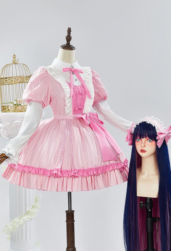 Panty Stocking Stocking Cosplay Costume Robe Lolita Rose avec Accessoires de Tête et Bas de Cuisse Panty Stocking Stocking Cosplay Costume Robe Lolita Rose avec Accessoires de Tête et Bas de Cuisse