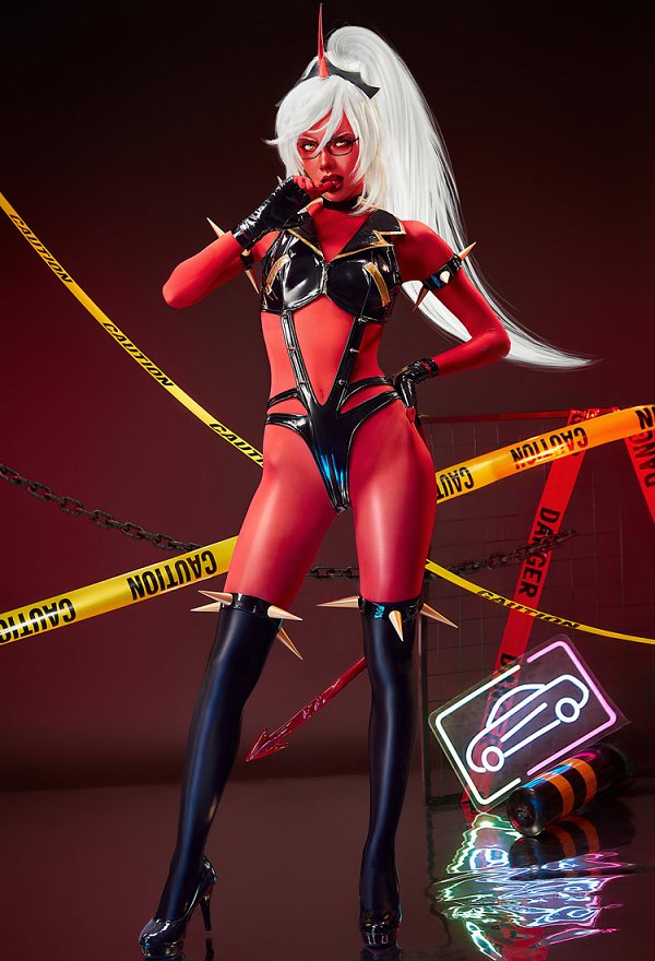 Panty Stocking Kneesocks Cosplay Kostüm Leder Bodysuit und rote Strumpfhose mit Schwanz Panty Stocking Kneesocks Cosplay Kostüm Leder Bodysuit und rote Strumpfhose mit Schwanz