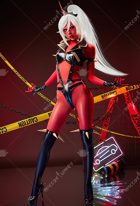Panty Stocking Kneesocks Cosplay Kostüm Leder Bodysuit und rote Strumpfhose mit Schwanz