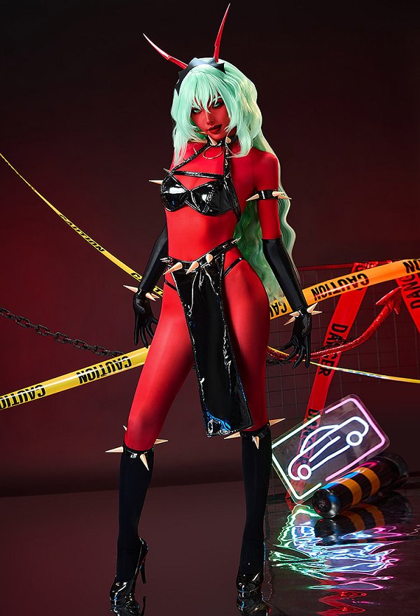 Panty & Stocking with Garterbelt Scanty Cosplay Top y pantalón con leotardos rojos y pieza delantera de falda Panty & Stocking with Garterbelt Scanty Cosplay Top y pantalón con leotardos rojos y pieza delantera de falda