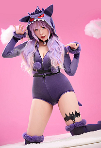 PM Derivative Homewear Sexy Lingerie Bodysuit Purple Hooded Bodycon Romper and Tail with Choker Belt