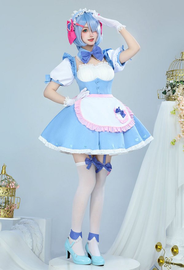Re Starting Life in Another World Cosplay Costume Kawaii Maid Style Dress and Apron with Stockings and Gloves
