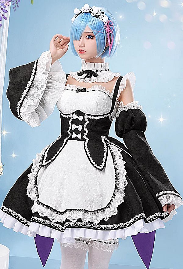 Re Starting Life in Another World Cosplay Costume Maid Uniform Dress with Headband Arm Sleeves Stockings