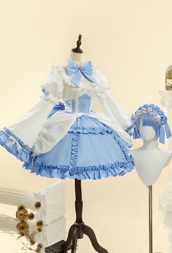 Re Starting Life in Another World Gothic ver Cosplay Costume Blue Lolita Dress with Gloves