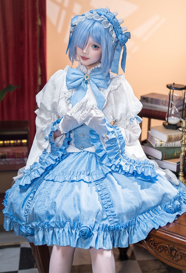 Re Starting Life in Another World Gothic ver Cosplay Costume Blue Lolita Dress with Gloves
