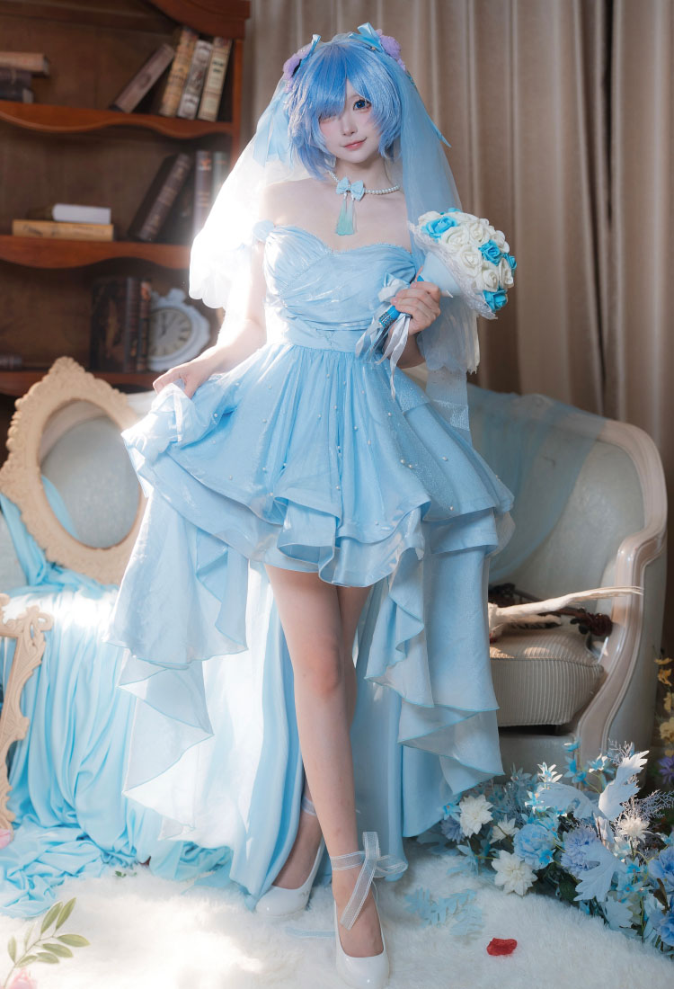 Re:Zero Rem Cosplay Vestido de novia con velo y lazo