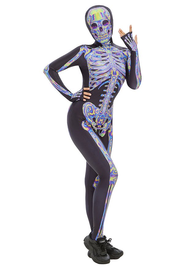 Halloween Laser Skull Print Bodysuit Gothic Skeleton Jumpsuit with Headgear