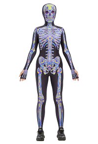 Halloween Bodysuit mit Laser Totenkopf Gothic Skelett Overall mit Kopfbedeckung