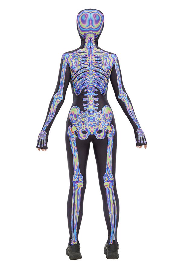 Halloween Laser Skull Print Bodysuit Gothic Skeleton Jumpsuit with Headgear