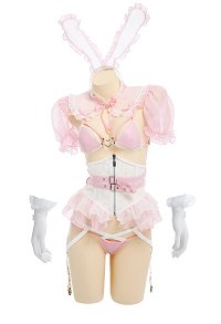 Set de Lingerie Sexy Top et Culotte Style Bunny Girl Rose avec Corset