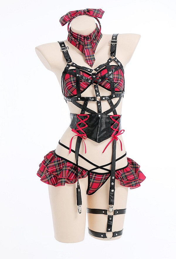Lencería Sexy a Cuadros de Halloween para Mujer Conjunto de Lencería de Liga con Volantes de Estilo Escolar con Diadema y Medias Lencería Sexy a Cuadros de Halloween para Mujer Conjunto de Lencería de Liga con Volantes de Estilo Escolar con Diadema y Medias