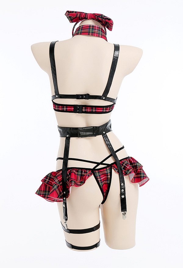 Lencería Sexy a Cuadros de Halloween para Mujer Conjunto de Lencería de Liga con Volantes de Estilo Escolar con Diadema y Medias Lencería Sexy a Cuadros de Halloween para Mujer Conjunto de Lencería de Liga con Volantes de Estilo Escolar con Diadema y Medias