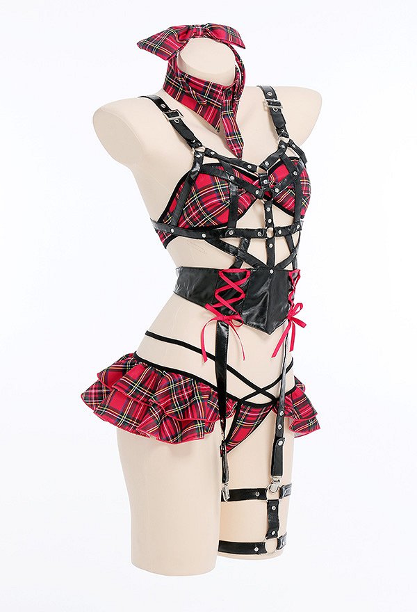 Lencería Sexy a Cuadros de Halloween para Mujer Conjunto de Lencería de Liga con Volantes de Estilo Escolar con Diadema y Medias Lencería Sexy a Cuadros de Halloween para Mujer Conjunto de Lencería de Liga con Volantes de Estilo Escolar con Diadema y Medias