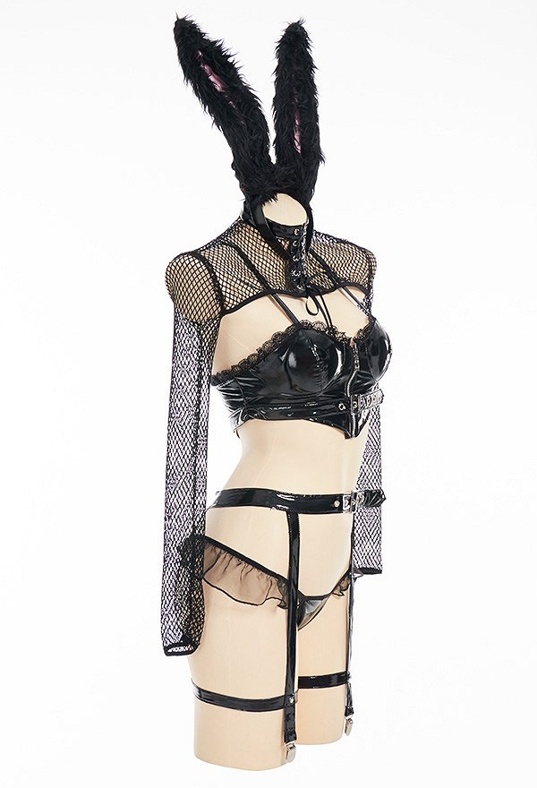 Halloween Sexy Bunny Girl Lingerie Set Translucent Hollow Lace Costume Outfit with Stockings and Hair Band