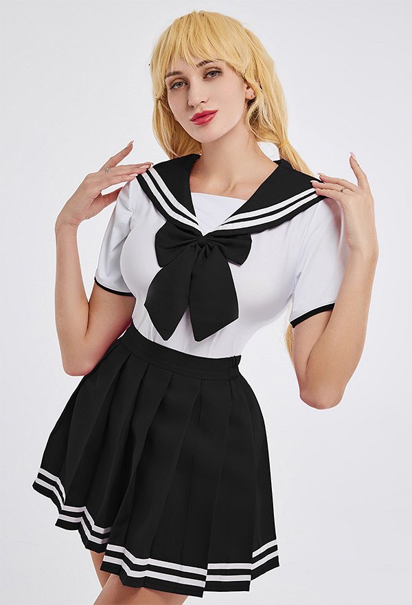 School Girl Costume with Bow Decoration Sexy Bodysuit with Skirt JK Uniform Style School Girl Costume with Bow Decoration Sexy Bodysuit with Skirt JK Uniform Style
