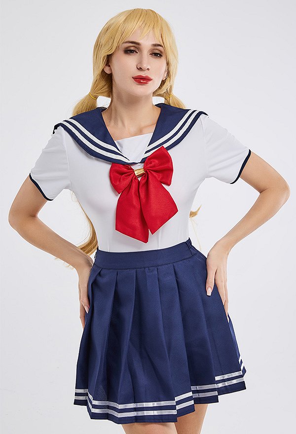 School Girl Costume with Bow Decoration Sexy Bodysuit with Skirt JK Uniform Style School Girl Costume with Bow Decoration Sexy Bodysuit with Skirt JK Uniform Style