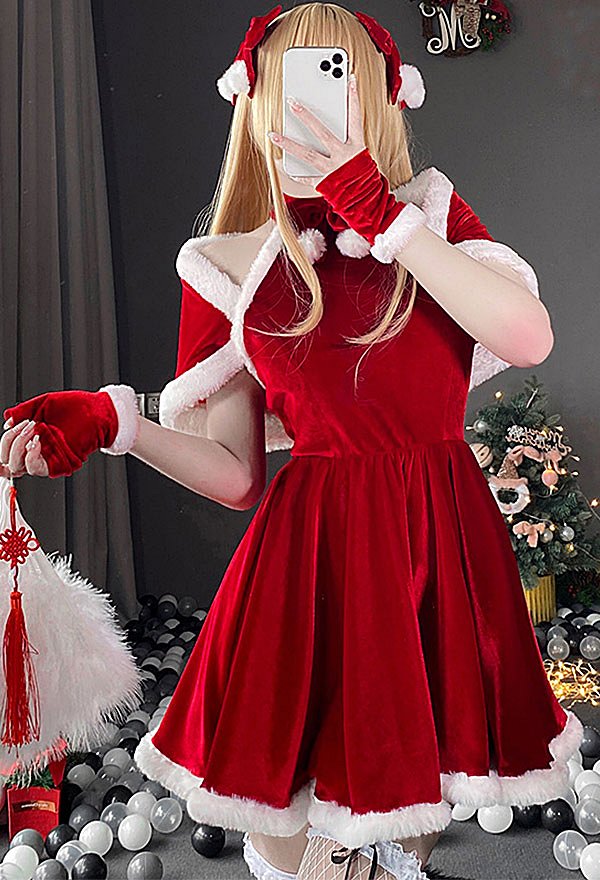 Vestido Halter de Navidad de Peluche Estilo de Sirvienta Dulce Ropa de Casa con Chal