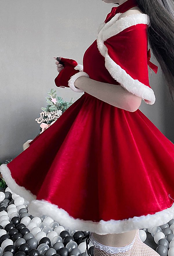 Vestido Halter de Navidad de Peluche Estilo de Sirvienta Dulce Ropa de Casa con Chal