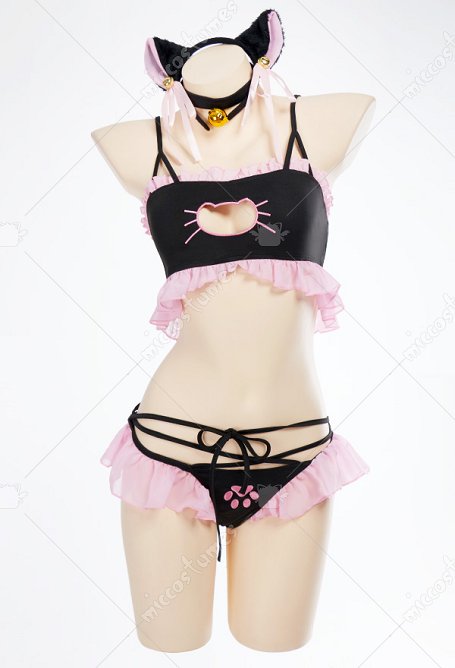 Lencería Sexy con Volantes Sostén de Gato kawaii y Bragas de Estilo de Pecho Abierto