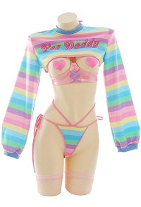 SUGAR BABY Yes Daddy Sexy Lingerie Set Rainbow Stripe Long Sleeve Short Tops and Panty with Stockings