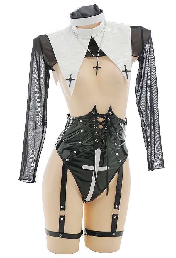 Sexy Dessous Nonne Set Brust Öffnen Bodysuit mit Handschuhe