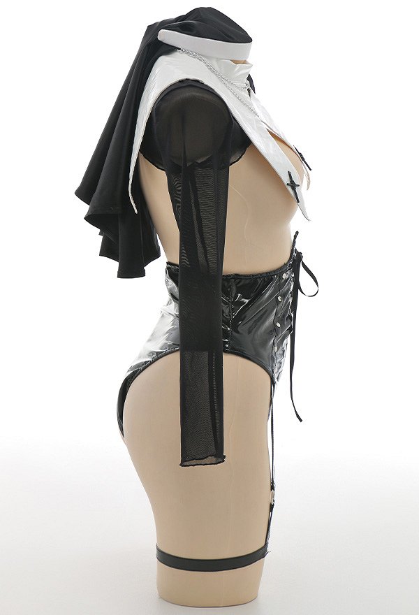 Sexy Dessous Nonne Set Brust Öffnen Bodysuit mit Handschuhe