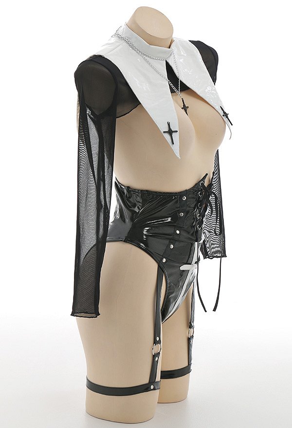 Sexy Dessous Nonne Set Brust Öffnen Bodysuit mit Handschuhe