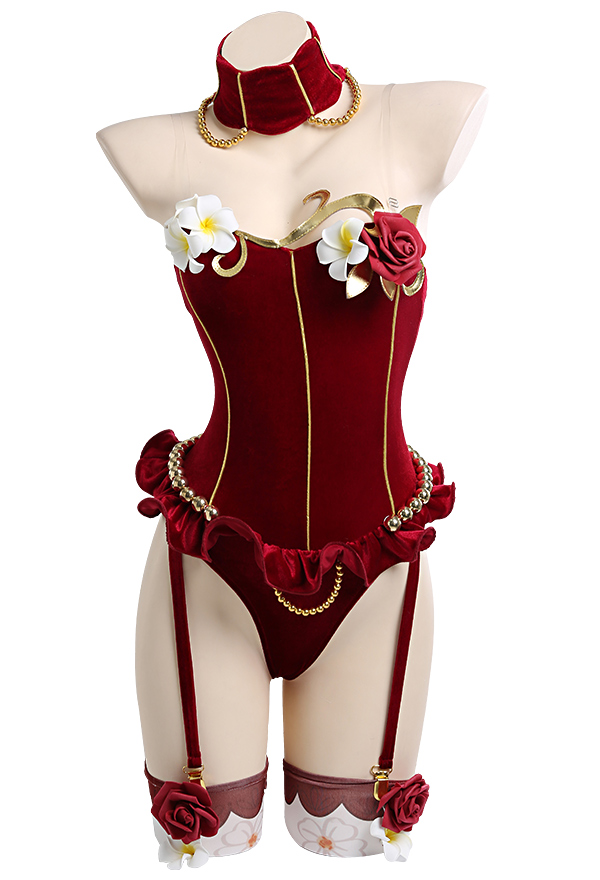 Ensemble de Lingerie Sexy Justaucorps Rouge Rétro Style Médiéval avec Manches