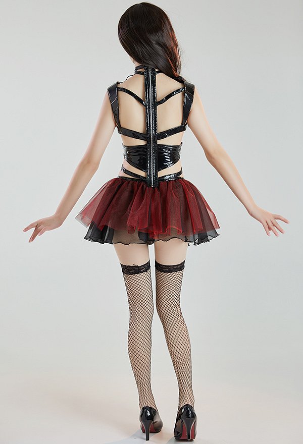 LACED-UP LILITH Gothic Punk Style Sexy Lingerie Set Bandage Halter Top and Panty Set with Ruffled Skirt Stockings