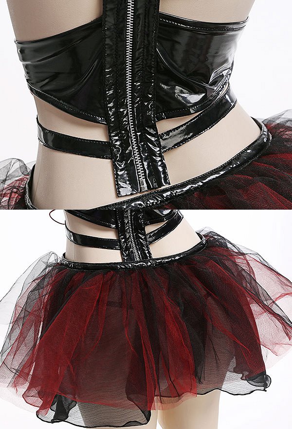 LACED-UP LILITH Gothic Punk Style Sexy Lingerie Set Bandage Halter Top and Panty Set with Ruffled Skirt Stockings
