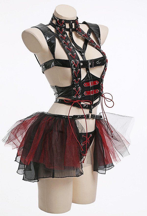 LACED-UP LILITH Gothic Punk Style Sexy Lingerie Set Bandage Halter Top and Panty Set with Ruffled Skirt Stockings
