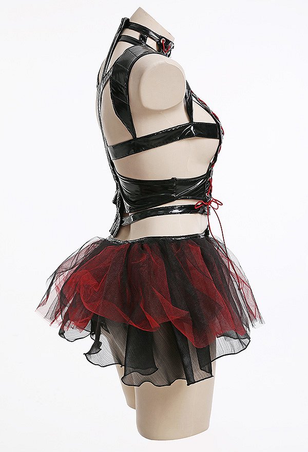 LACED-UP LILITH Gothic Punk Style Sexy Lingerie Set Bandage Halter Top and Panty Set with Ruffled Skirt Stockings
