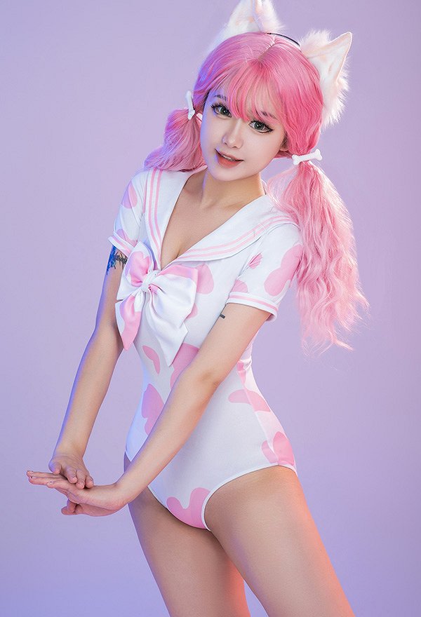 Damen Sexy Kühe Muster Lingerie Sailor Uniform Set Bodysuit Rock Schleife