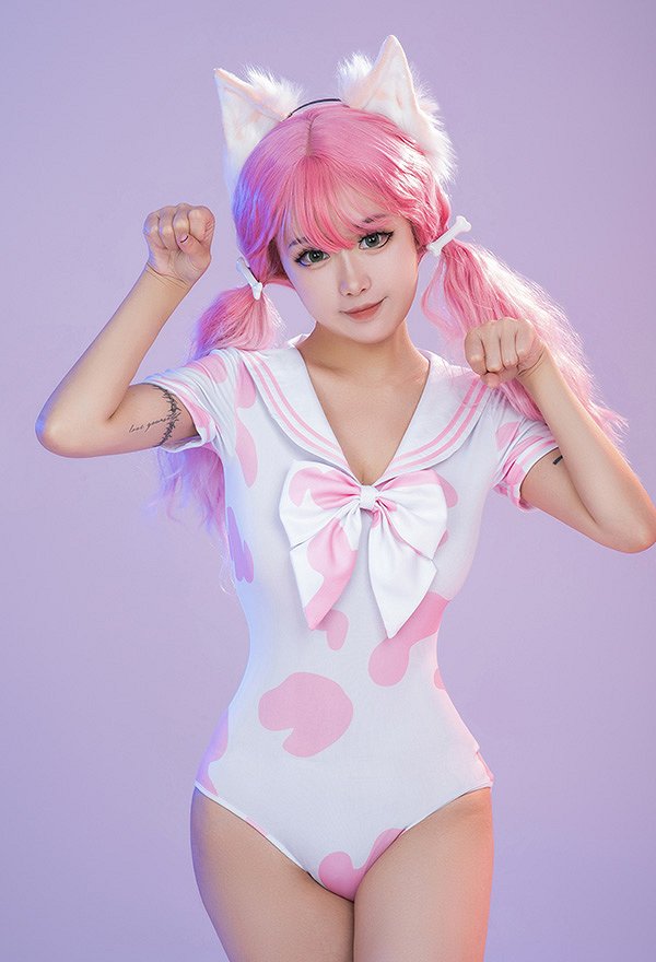 Damen Sexy Kühe Muster Lingerie Sailor Uniform Set Bodysuit Rock Schleife