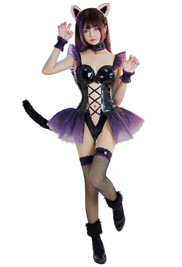 Yuuka Sorai Orejas de Gato Ver Disfraz de Cosplay Trajes de Catgirl Body Hueco con Medias de Cola