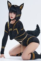 Halloween Oscuro Anubis Estilo Esponjoso Ajustado Pelele Pijama 3D Oreja Manga Larga Cremallera Bodycon Mono Ajustado Ropa de Dormir con Gargantilla y Calcetines Halloween Oscuro Anubis Estilo Esponjoso Ajustado Pelele Pijama 3D Oreja Manga Larga Cremallera Bodycon Mono Ajustado Ropa de Dormir con Gargantilla y Calcetines
