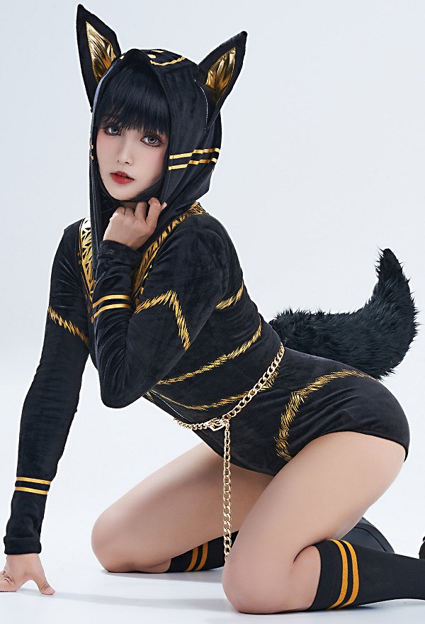 Halloween Oscuro Anubis Estilo Esponjoso Ajustado Pelele Pijama 3D Oreja Manga Larga Cremallera Bodycon Mono Ajustado Ropa de Dormir con Gargantilla y Calcetines Halloween Oscuro Anubis Estilo Esponjoso Ajustado Pelele Pijama 3D Oreja Manga Larga Cremallera Bodycon Mono Ajustado Ropa de Dormir con Gargantilla y Calcetines